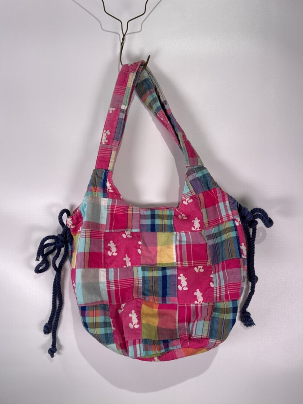Disney Parks Hobo Bag Mickey Mouse Rope Cinch Plaid Patchwork Pink Multi OS - Picture 2 of 13